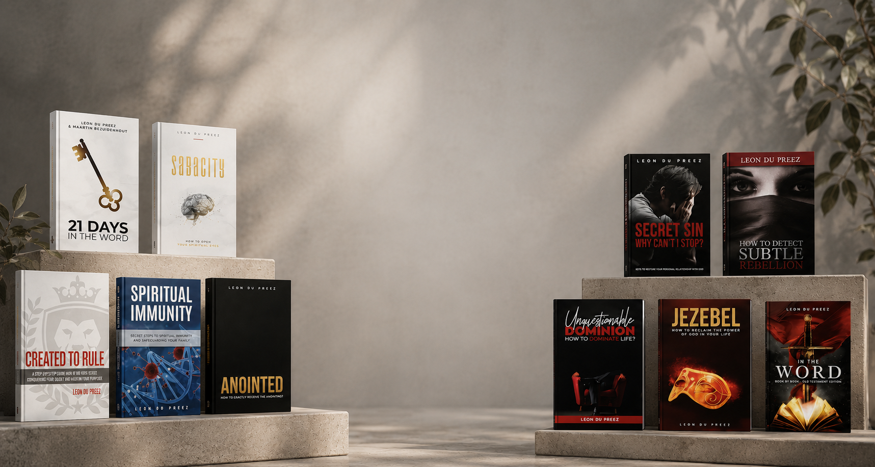 Premium Christian books collection by Leon du Preez featuring prophetic teaching books, devotionals, and study resources displayed in a modern editorial setting