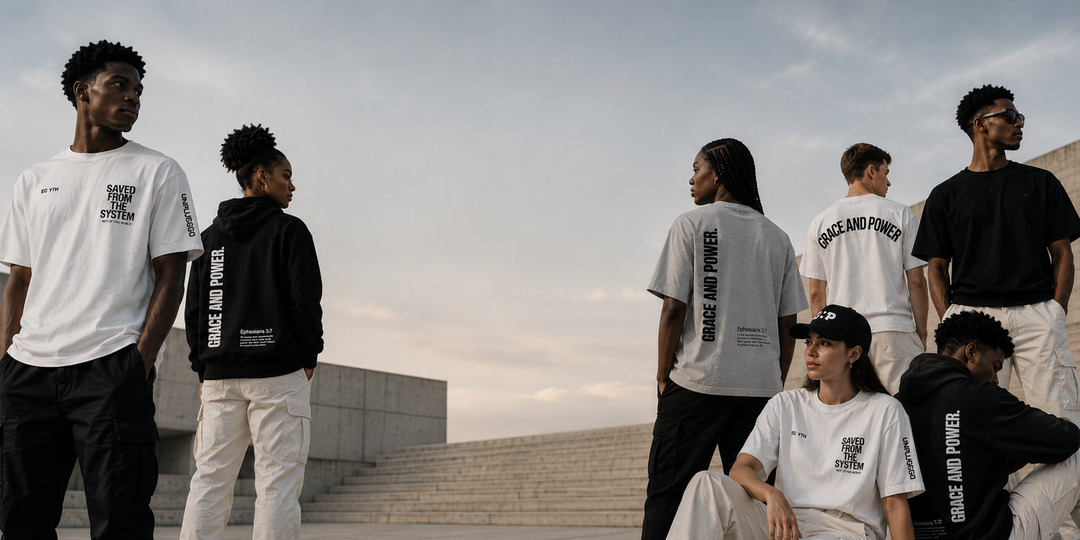 Premium streetwear clothing collection by Encounter Apparel featuring oversized tees, hoodies, and modern luxury essentials worn by diverse male and female models outdoors