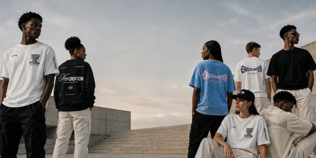 Premium streetwear clothing collection by Encounter Apparel featuring oversized tees, hoodies, and modern luxury essentials worn by diverse male and female models outdoors