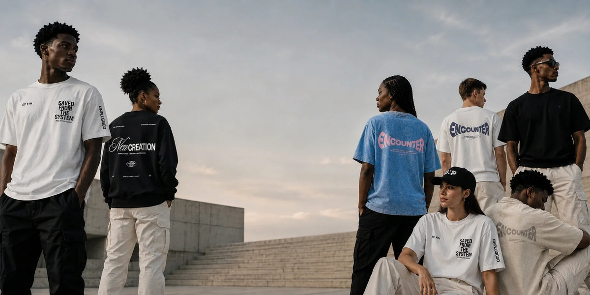 Premium streetwear clothing collection by Encounter Apparel featuring oversized tees, hoodies, and modern luxury essentials worn by diverse male and female models outdoors