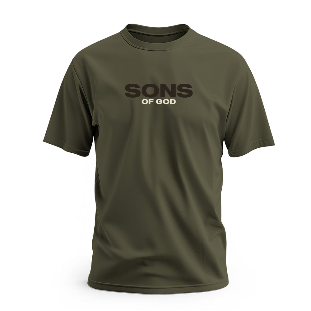 Green t-shirt with 'Sons of God' text on a white background