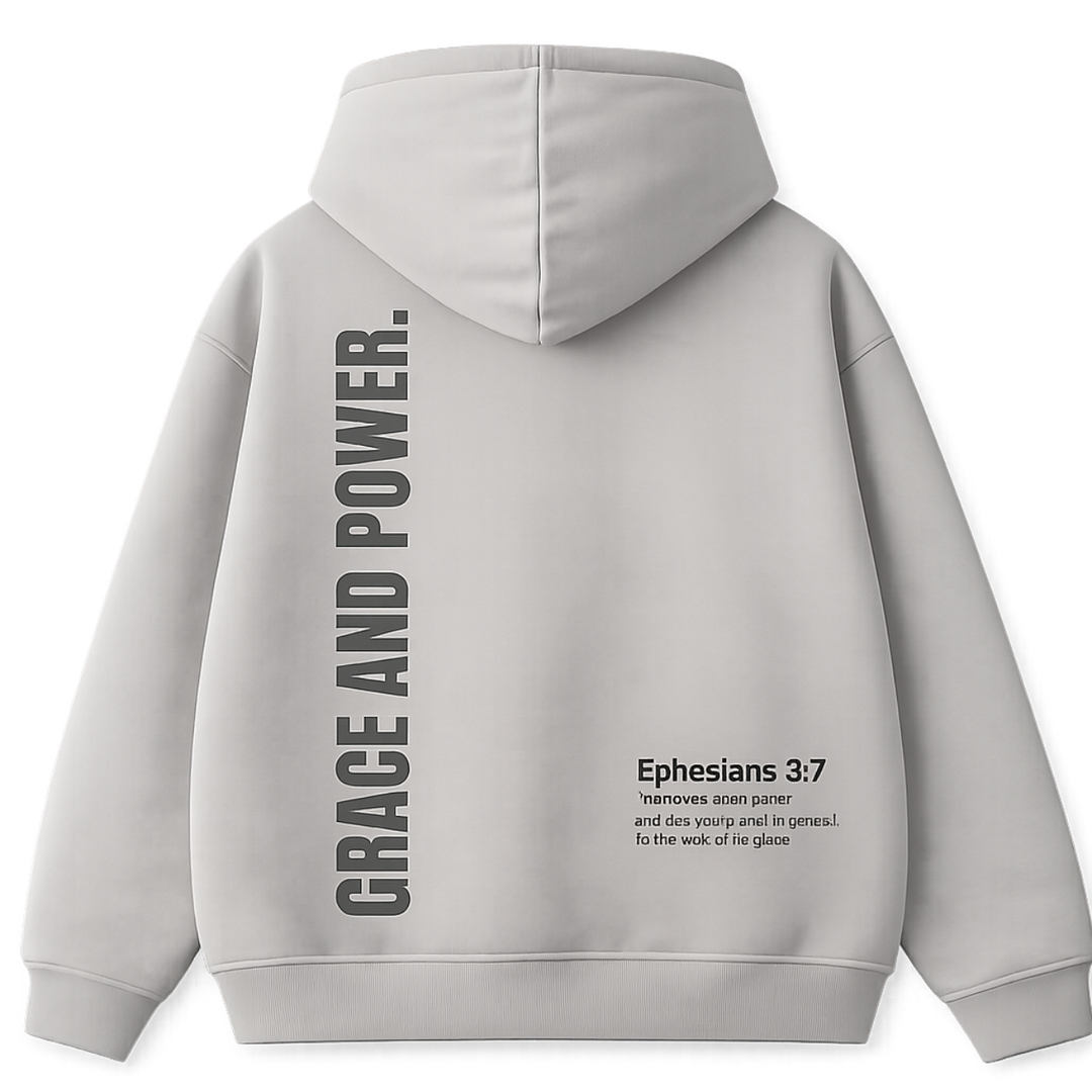 Gray hoodie with 'Grace and Power' text on the back, displayed against a white background